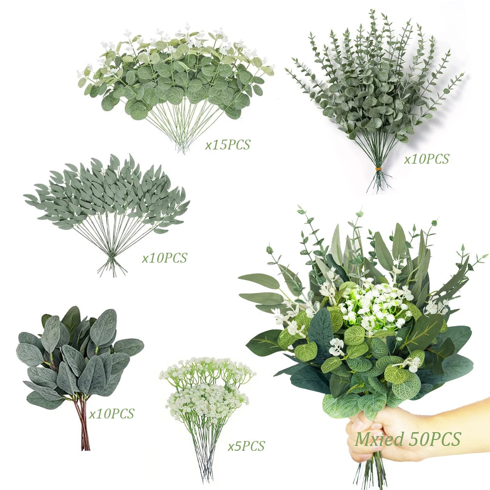 50/90PCS Artificial Eucalyptus Flowers Home Decor Fake Leaf Green Stems