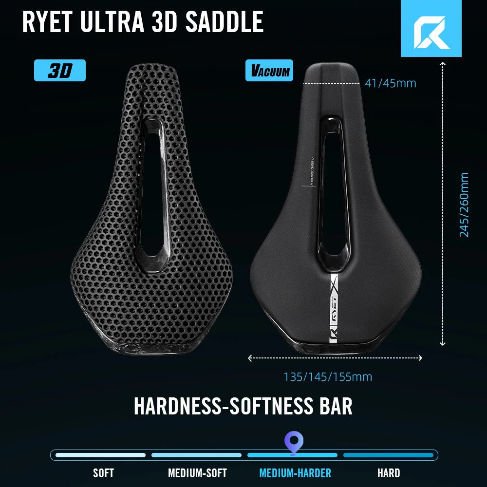 RYET 3D Printed Full Carbon Saddle 135/145/155mm for MTB Gravel Road Bike