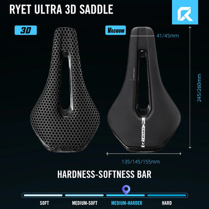 RYET 3D Printed Full Carbon Saddle 135/145/155mm for MTB Gravel Road Bike
