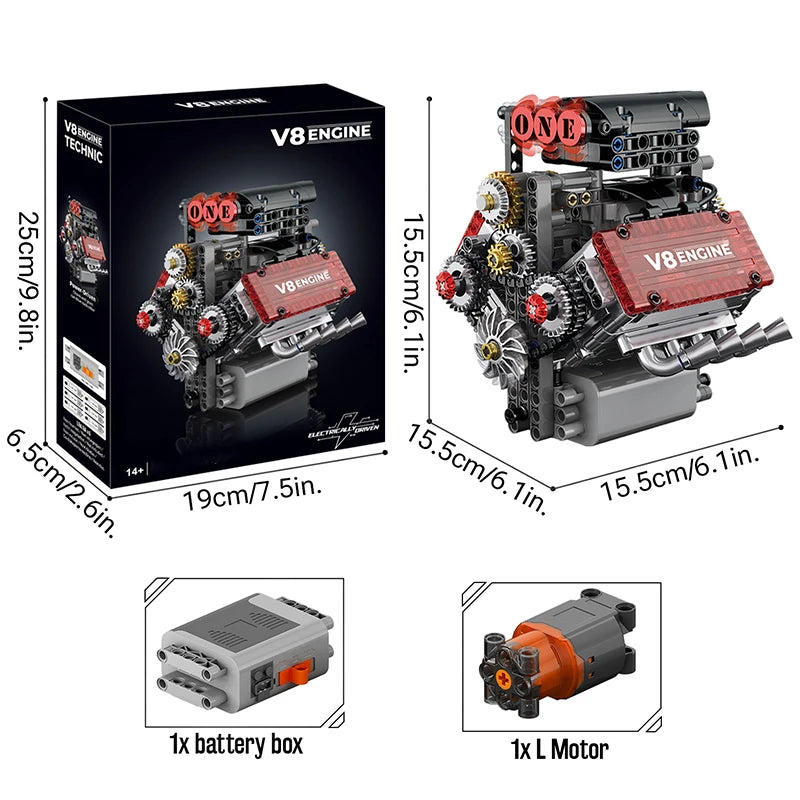 V8 Engine Motorized Simulation Building Blocks Electric Drive Technical Model Toy Gift