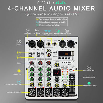 4-Channel Audio Mixer, ARVOMIC DJ Mixer with USB Audio Interface, Bluetooth Function, 16 DSP Effects, and 3-Band EQ (ARMX-4)-EXPROTAS