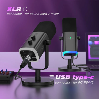FIFINE Ampligame AM8 USB/XLR Dynamic Microphone Touch Mute Headphone Jack I/O Controls for PC PS4 PS5 Mixer