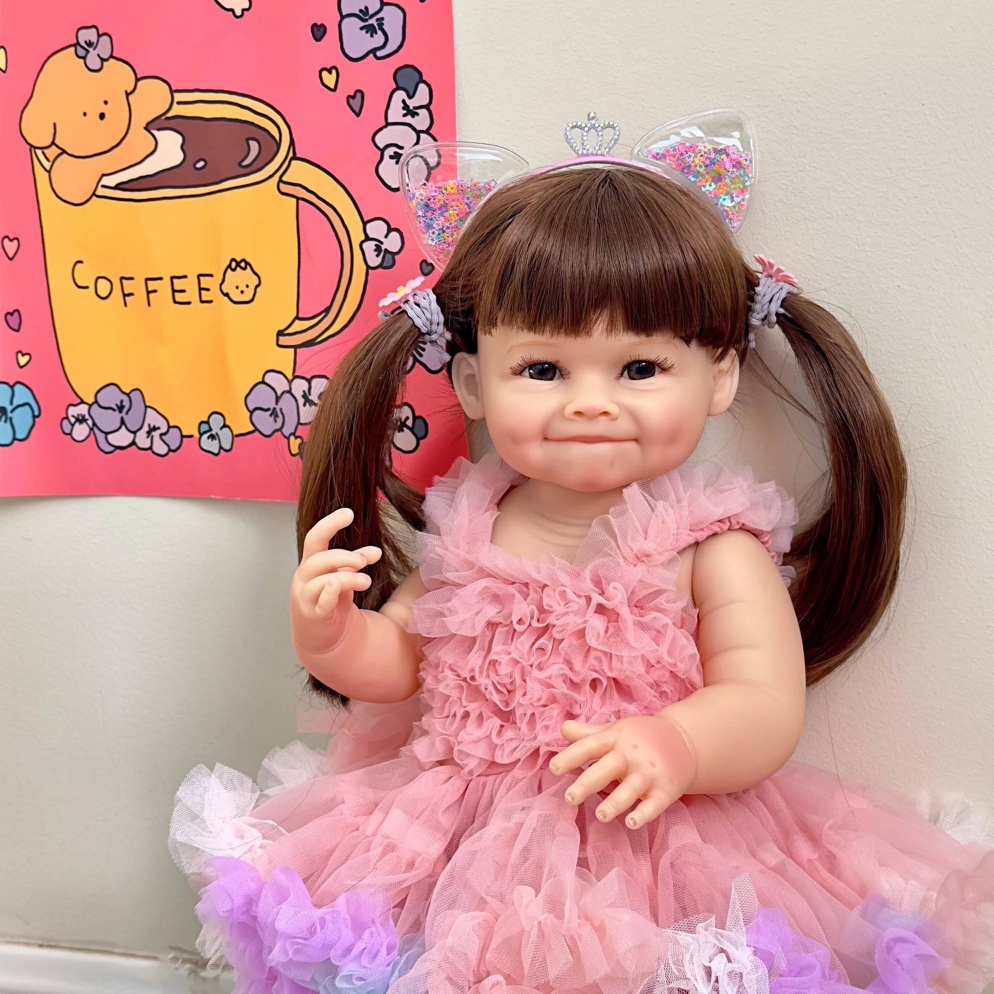 NPK 55CM Reborn Toddler Doll with Pink Dress Full Body Soft Silicone Raya Lifelike Soft Touch High Quality Doll Gifts-EXPROTAS