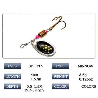 10pcs Treble Hook Spinner Lure Metal Bait Fishing Tackle for Bass