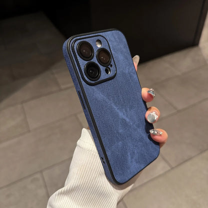 Washed Leather Fabric Phone Case for iPhone 11-17 Air Pro Max Lens Protection