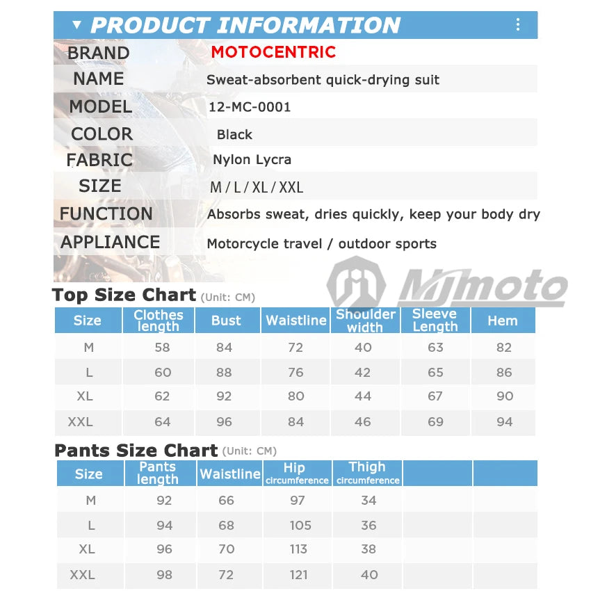 Quick Dry Motorcycle Base Layer Set MOTOCENTRIC Mens Tops Pants Long Johns