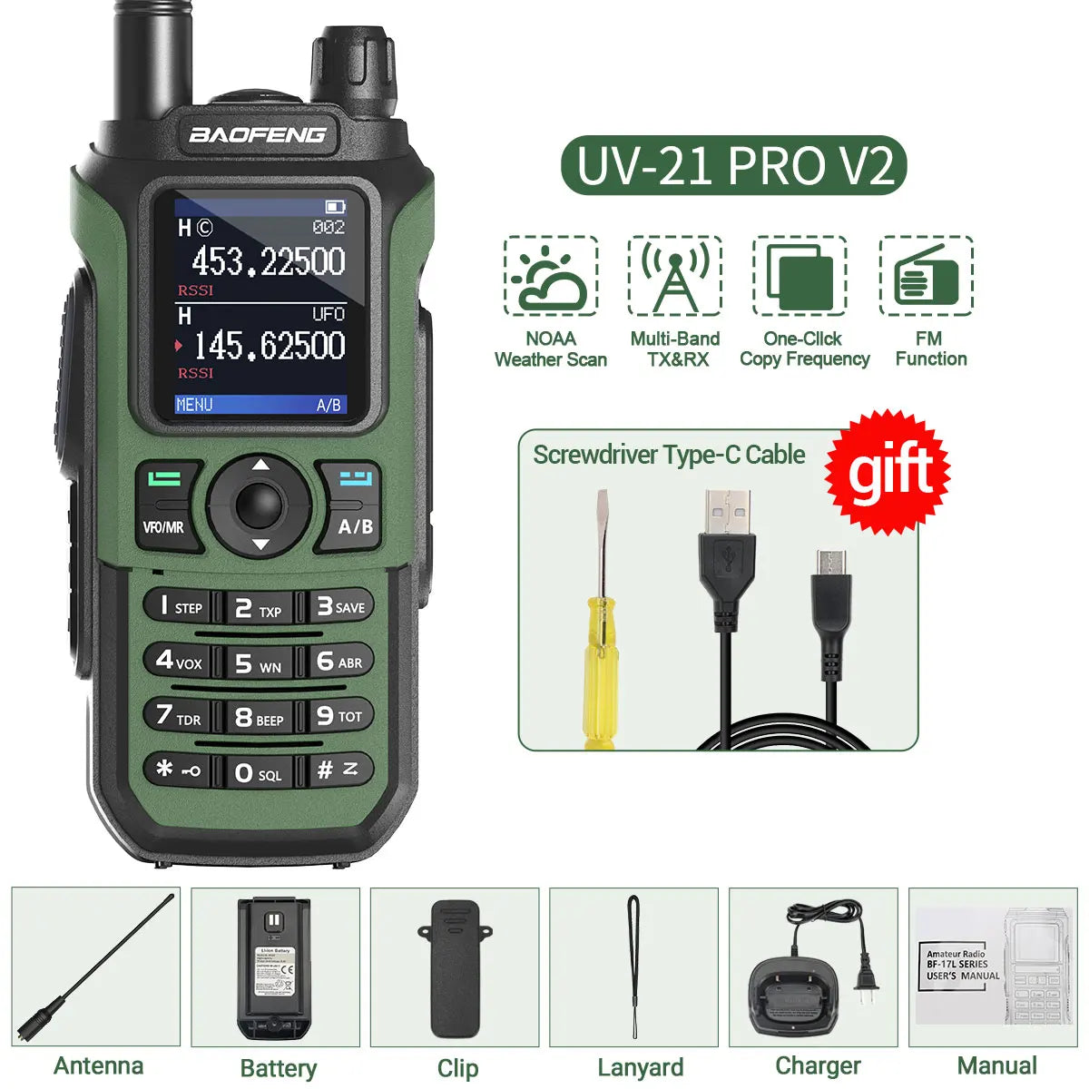 Baofeng UV-21 Pro V2 Wireless Copy Frequency Tri Band Powerful Waterproof Long Range UV-5R 22Pro S22 Type-C Two Way Radio-EXPROTAS