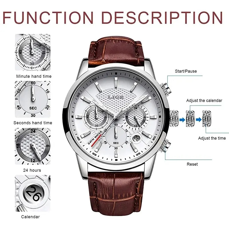 LIGE Watches Men 2024 Top Brand Luxury Casual Leather Quartz Men Watch Man Business Clock Male Sport Waterproof Date Chronograph-EXPROTAS