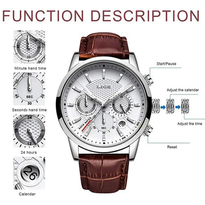 LIGE Watches Men 2024 Top Brand Luxury Casual Leather Quartz Men Watch Man Business Clock Male Sport Waterproof Date Chronograph-EXPROTAS