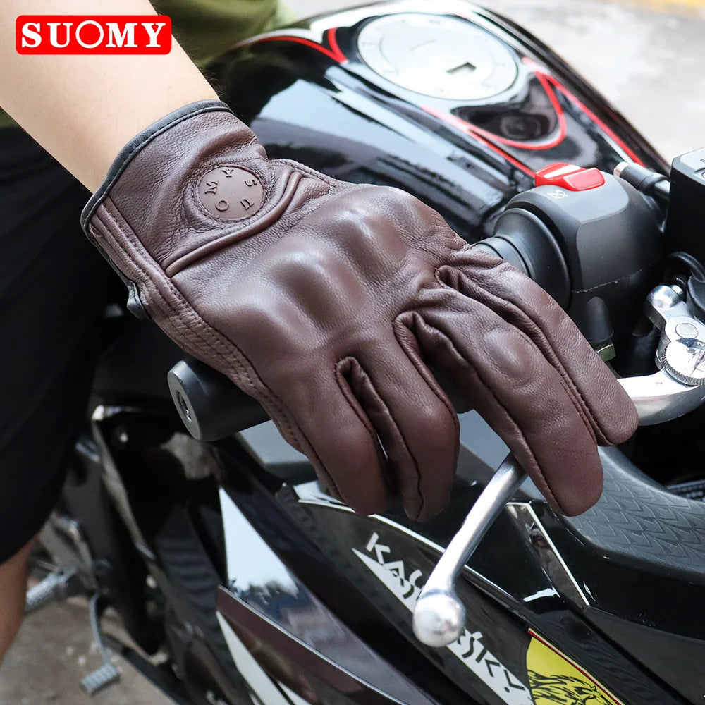Suomy Vintage Goatskin Motorcycle Gloves Brown Retro Leather Summer Unisex