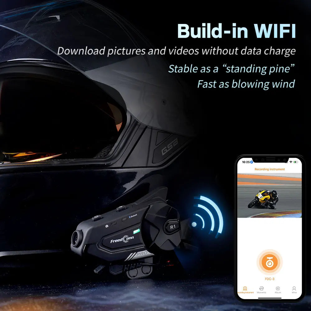 Freedconn R1 Pro Bluetooth Motorcycle Intercom Helmet Headset Group Speaker Headphone WiFi App Motorbike Dash Cam Moto Auto Dvr-EXPROTAS