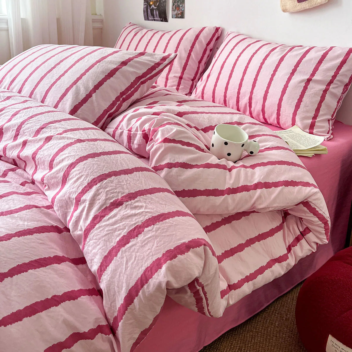 3pcs Pink Striped Duvet Cover Bedding Set with Pillowcases Soft Cotton 150x200cm