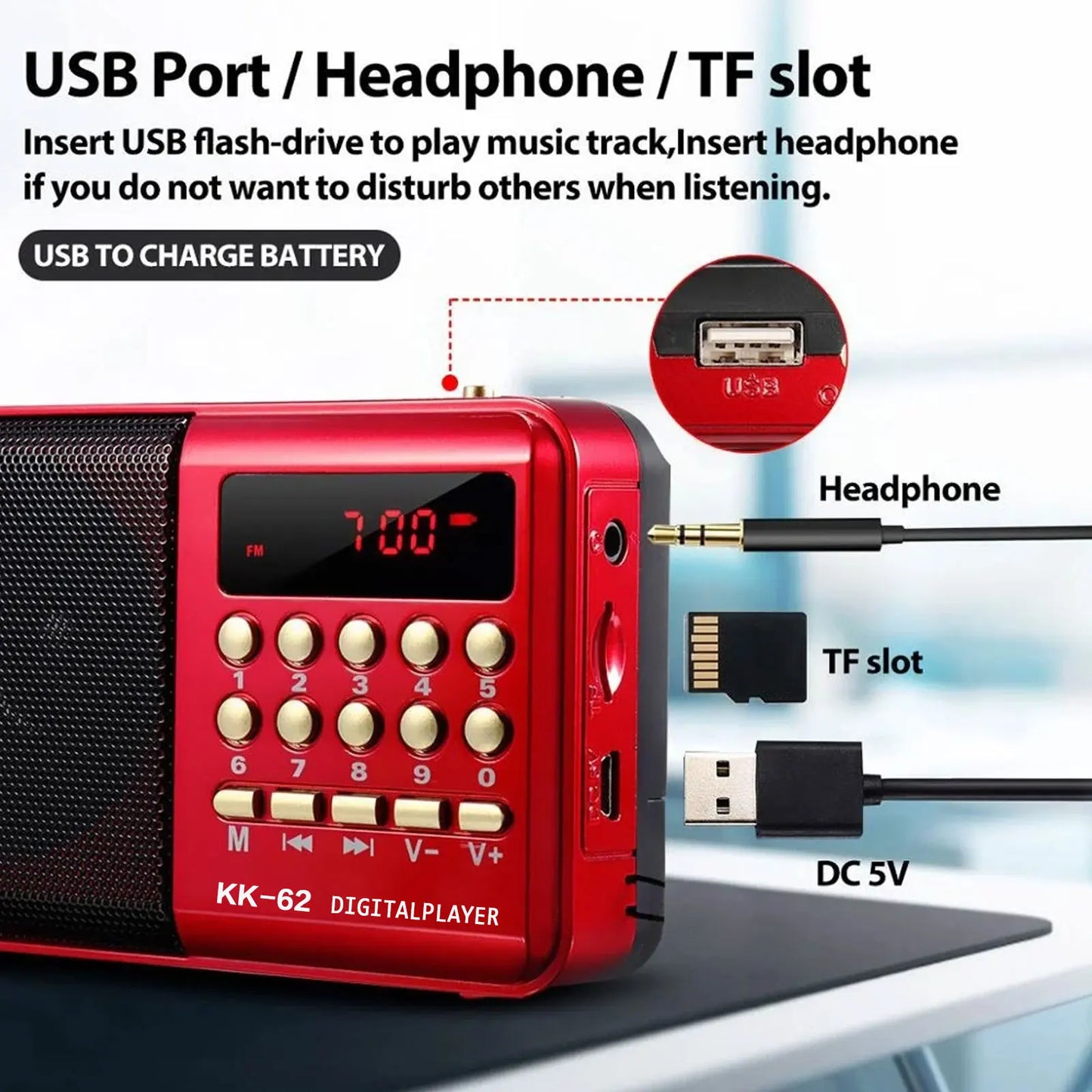 Portable FM Radio Speaker Mini USB Rechargeable Digital Player SD Music