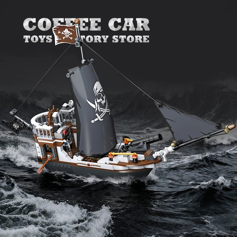 Black Pirate Ship Building Blocks MOC Sailboat 3D Boat Brick Model Toy Set