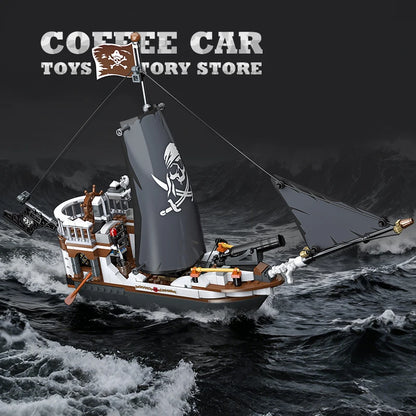 Black Pirate Ship Building Blocks MOC Sailboat 3D Boat Brick Model Toy Set