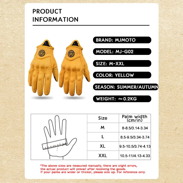 Retro Yellow Leather Motorcycle Gloves Men Women Breathable Perforated Motorbike Racing Gloves Touch Screen Motocross Moto Glove-EXPROTAS