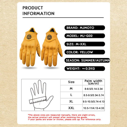 Retro Yellow Leather Motorcycle Gloves Men Women Breathable Perforated Motorbike Racing Gloves Touch Screen Motocross Moto Glove-EXPROTAS