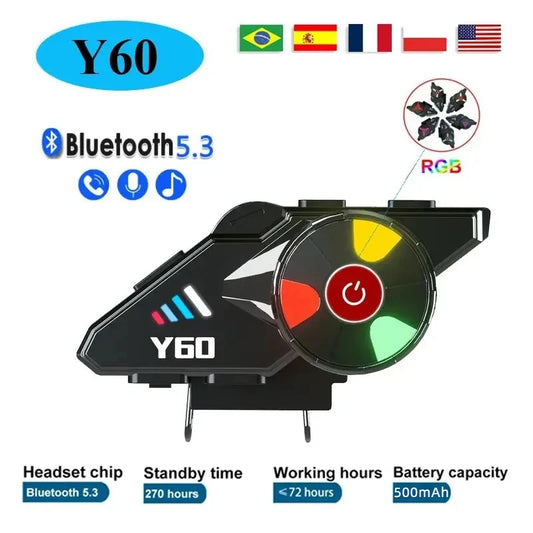 Y60 Motorcycle Helmet Bluetooth Headset V5.3 Waterproof with Handsfree Call Music