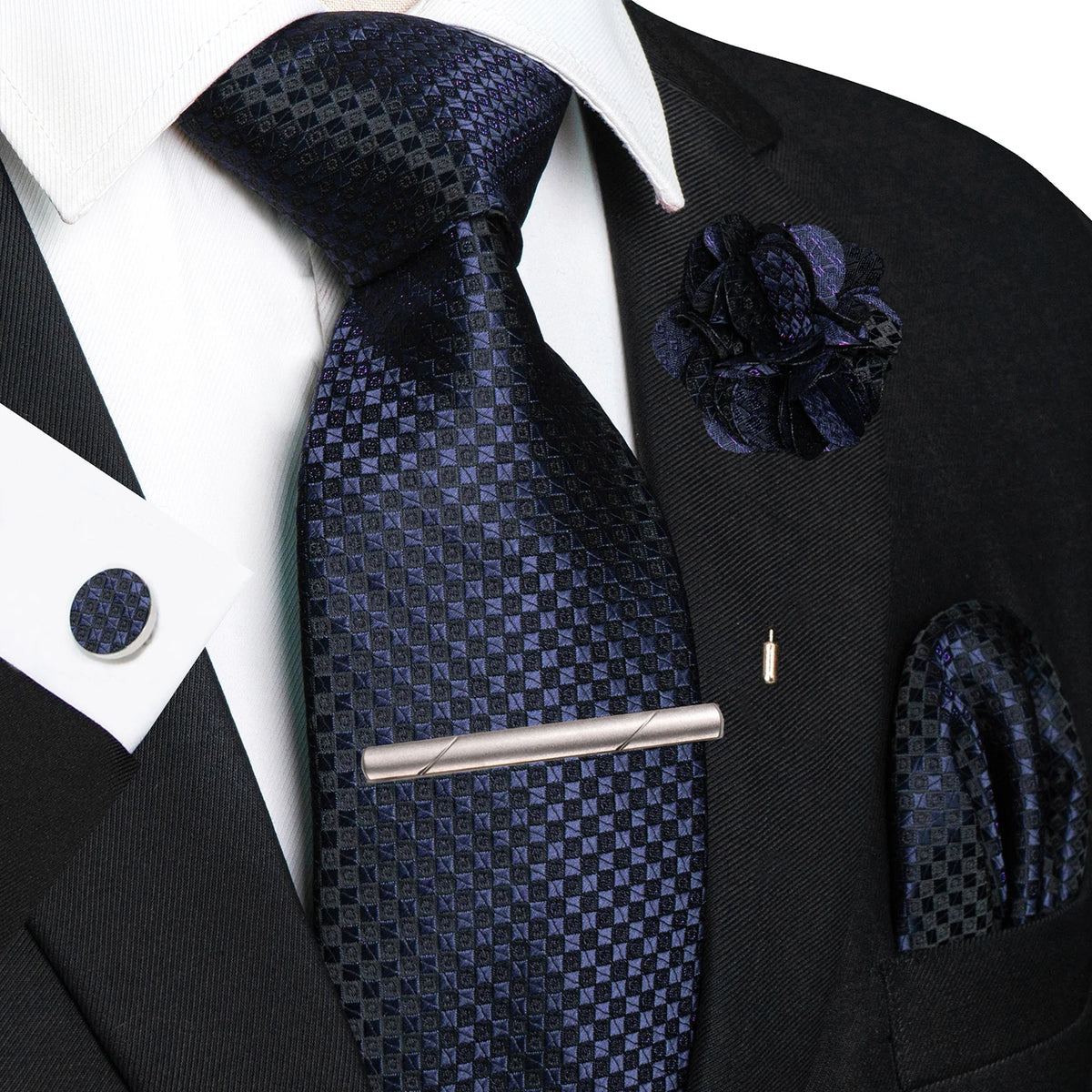 Men's Plaid Tie Clip Set with Pocket Square Cufflinks Wedding Accessories