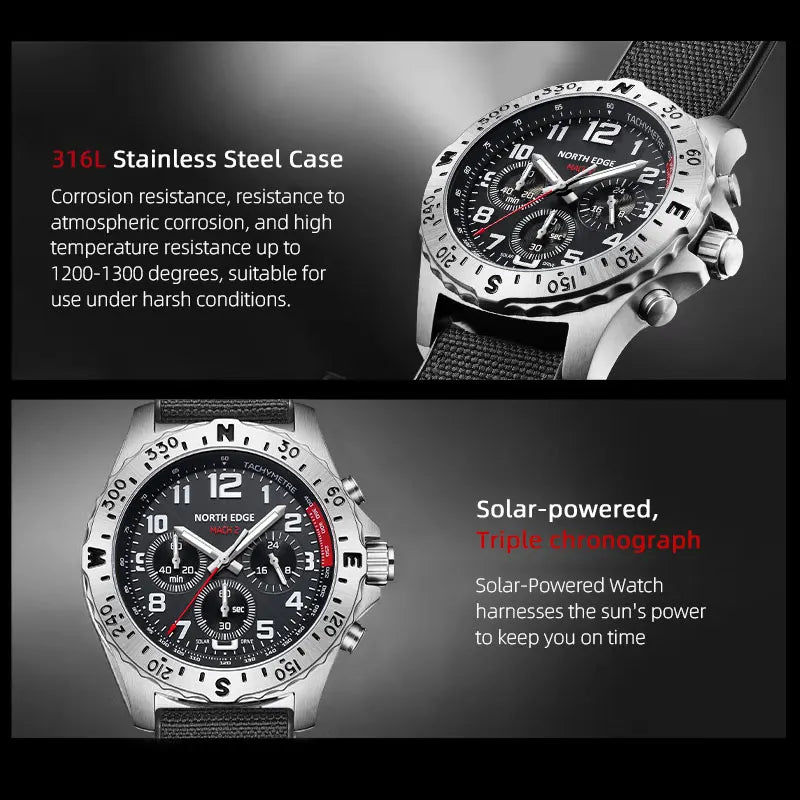 NORTH EDGE 2025 MACH 2 Men's Watches Solar Power 316 stainless steel Case Quartz Watch For Men Pilot Waterproof 50M Stopwatch-EXPROTAS