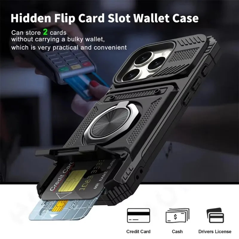 iPhone 11-16 Pro Max Ring Kickstand Wallet Case Heavy Duty Shockproof Cover