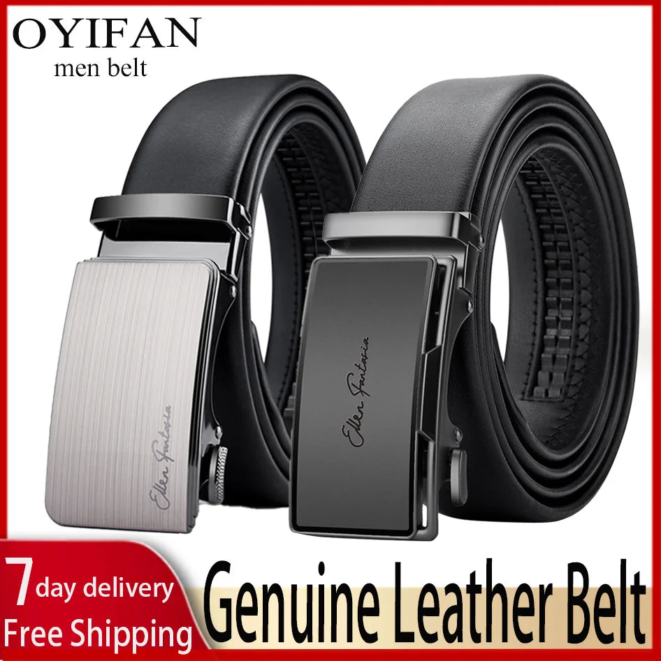 OYIFAN Leather Belt Men Automatic Buckle Ratchet Sliding Dress Black Belts