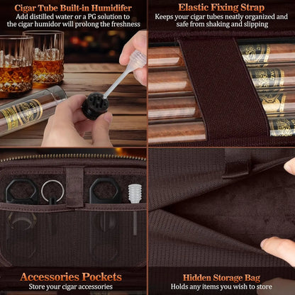 Leather Cigar Case Portable Travel Bag with 4 Tubes and Accessories