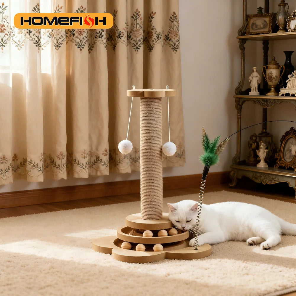 Pet Cat Toy Turntable Solid Wood Sisal Balls Funny Scratching Furniture
