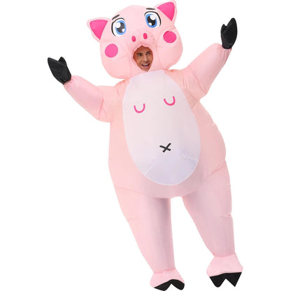 Inflatable Costume Pink Pig Fancy Dress for Adults Halloween Cosplay Jumpsuit