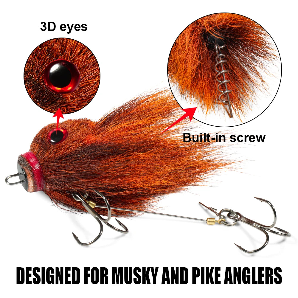 Rosewood Mouse Swimbait Lure Bucktail Rig for Muskie Pike Fishing Tackle