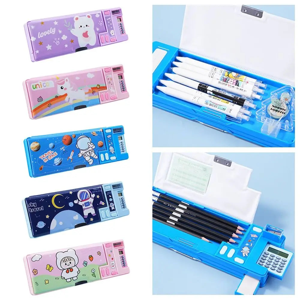Double Layer Pencil Case with Calculator Sharpener Storage Box for School