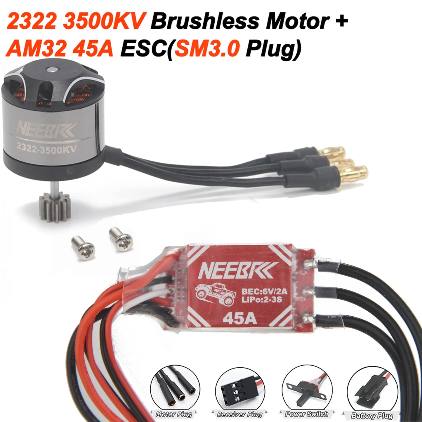 For 1/12 RC Brushless Motor 2600KV 3500KV 45A ESC Waterproof Outrunner Parts