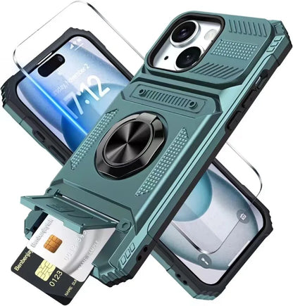 iPhone 11-16 Pro Max Ring Kickstand Wallet Case Heavy Duty Shockproof Cover