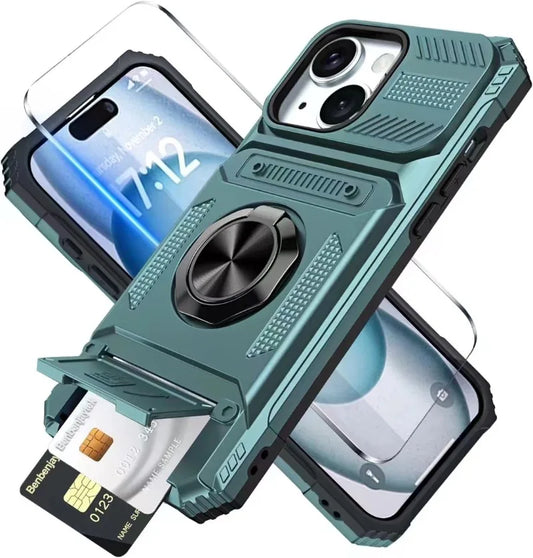 iPhone 11-16 Pro Max Ring Kickstand Wallet Case Heavy Duty Shockproof Cover