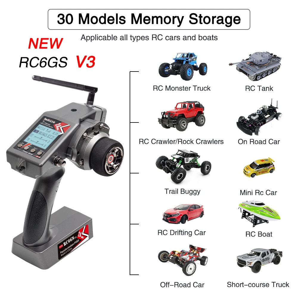 Radiolink RC6GS V3 2.4G 7 Channel Radio Transmitter with R7FG Receiver Gyro Telemetry Included Remote Controller for RC Car Boat-EXPROTAS