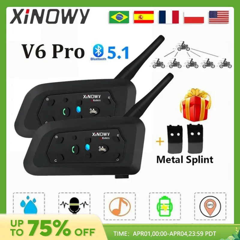 XINOWY V6 PRO Motorcycle Bluetooth Helmet Intercom Headset 1200M Interphone Communicator for 6 Riders Waterproof Music Player-EXPROTAS
