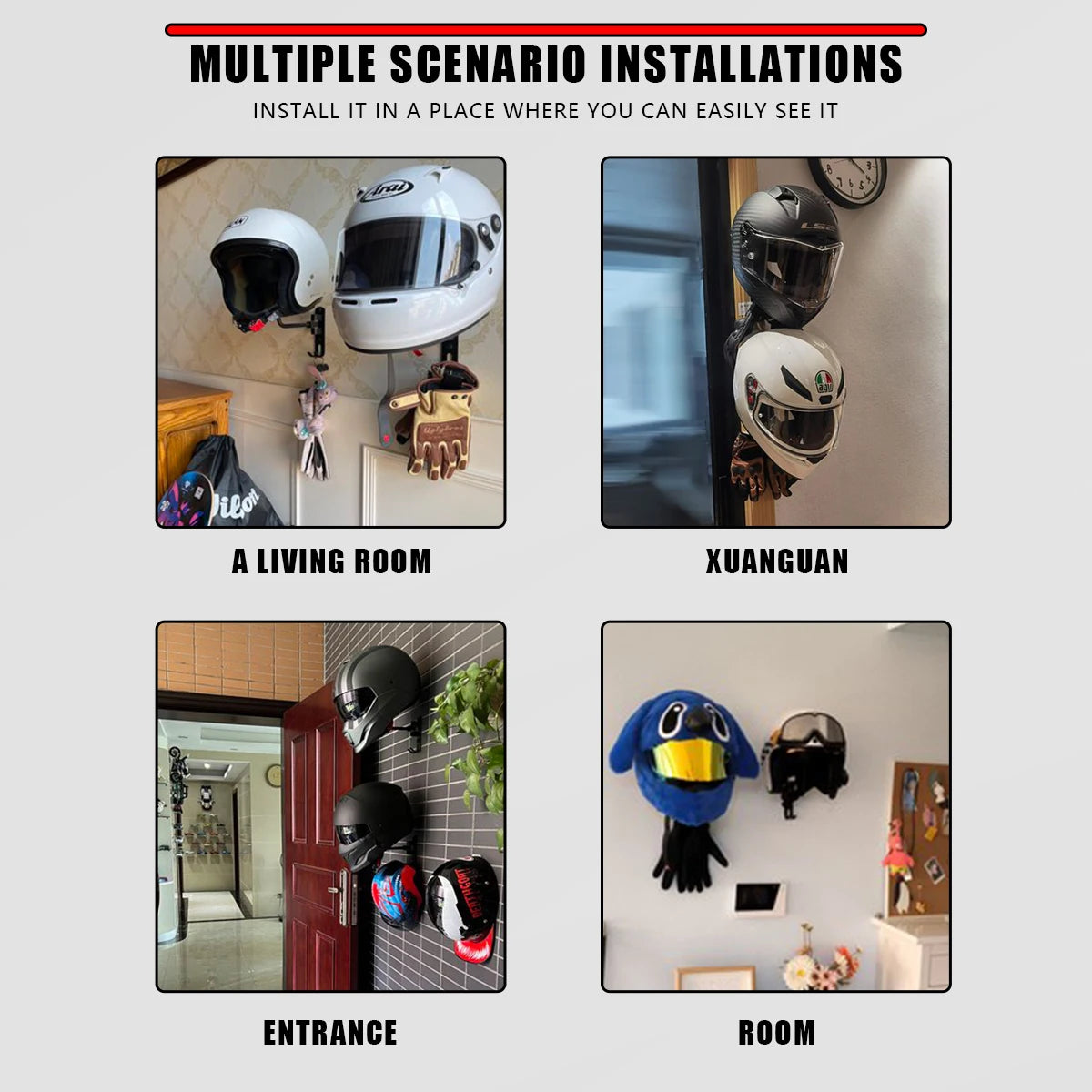 180° Rotating Wall Mounted Helmet Rack for Motorcycle Bicycle Gear Storage