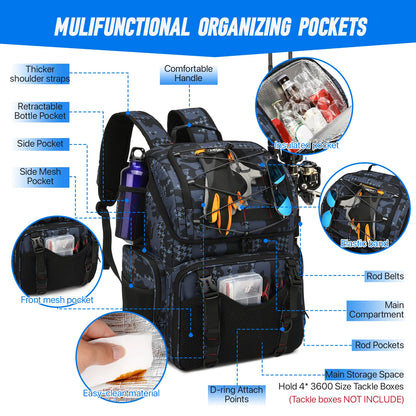 Fishing Tackle Bag 45L Backpack with Cooler & Rod Holders Waterproof Gear