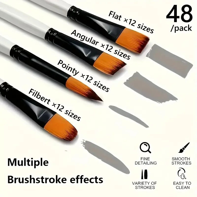 12/48 Pcs Art Paint Brushes Set Nylon Hair for Oil Acrylic Watercolor Painting