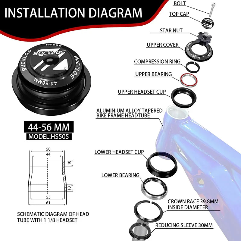Bike Headset 1-1/8" Sealed Bearing 34/44/50.6/52/55/56mm MTB Fork