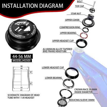 Bike Headset 1-1/8" Sealed Bearing 34/44/50.6/52/55/56mm MTB Fork