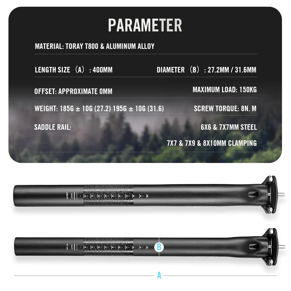 LEXON Carbon Seatpost 27.2/31.6mm 400mm 0mm Offset for MTB Road Bike