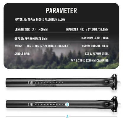 LEXON Carbon Seatpost 27.2/31.6mm 400mm 0mm Offset for MTB Road Bike