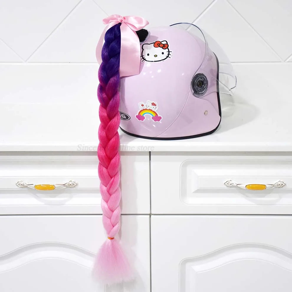 Motorcycle Helmet Braids Wig for Women Ponytail Hair Curly Pigtail Decor