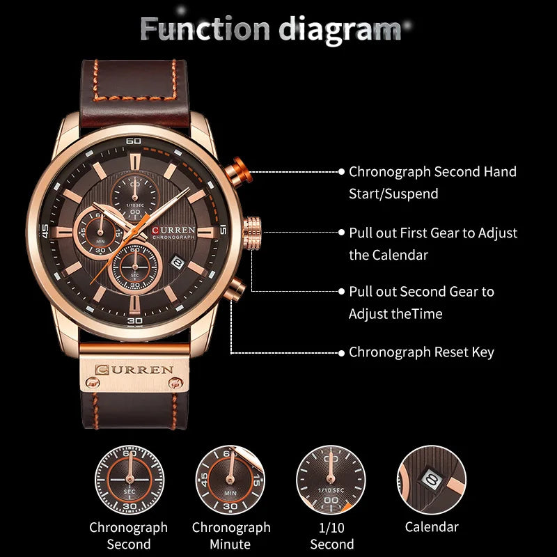 Curren Mens Watch Waterproof Quartz Chronograph Leather Strap 8291