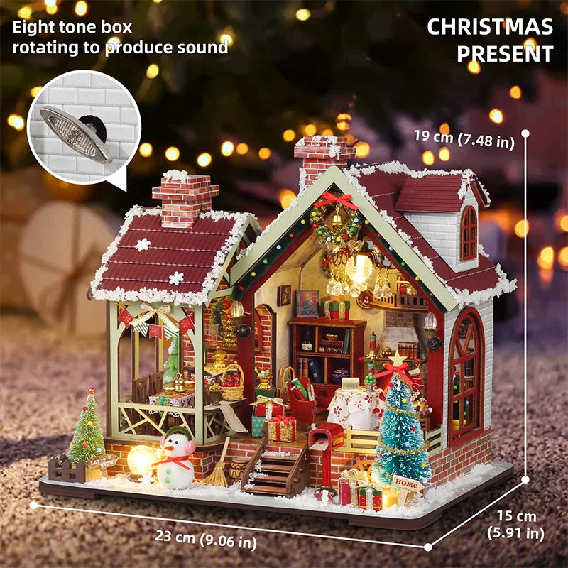 DIY Wooden Dollhouse Christmas Lodge Miniatures with LED Lights Assembly Model Gift - EXPROTAS
