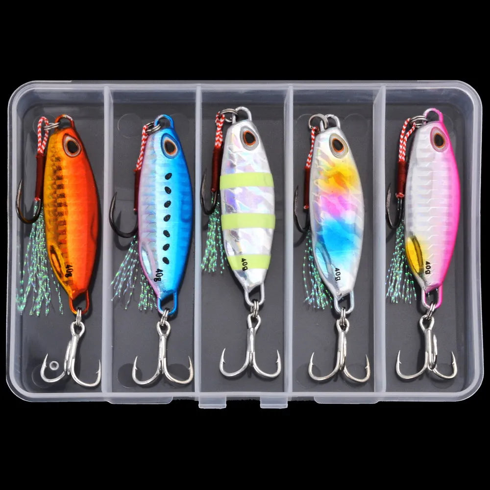 5pcs Slow Cast Metal Jig Fishing Lure Jigging Spoon 10G-50G with Hook Drag Cast Jigging Set Fishing Lure Artificial Bait Tackle