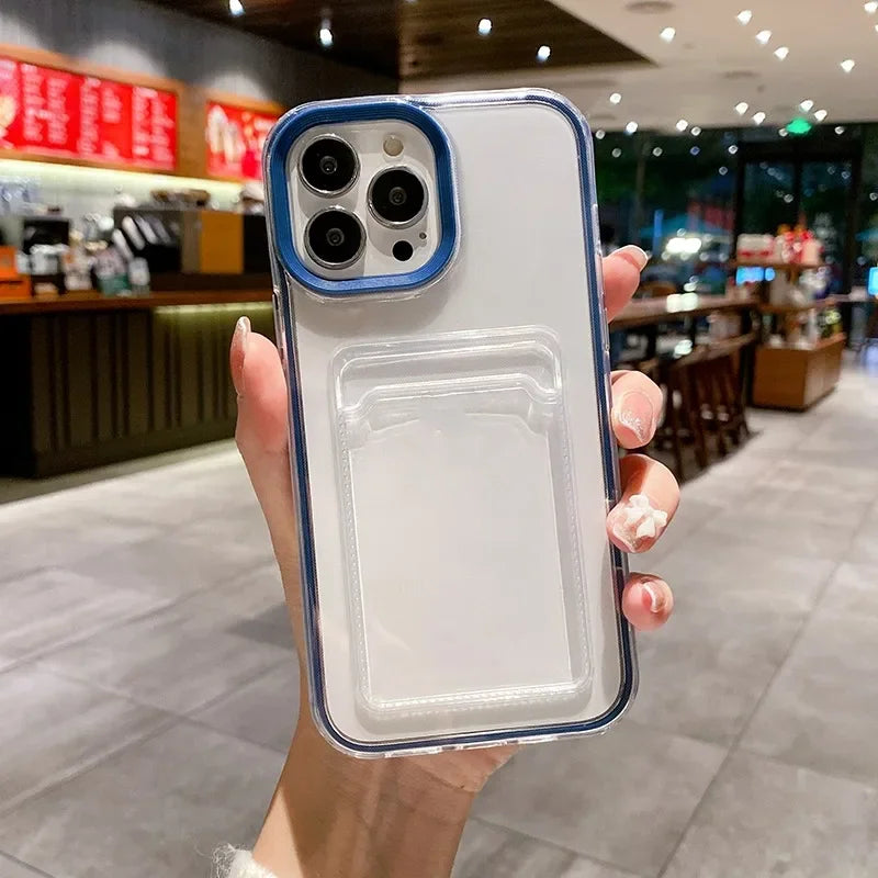Transparent Card Holder Shockproof Soft Case for iPhone 12-16 Pro Max
