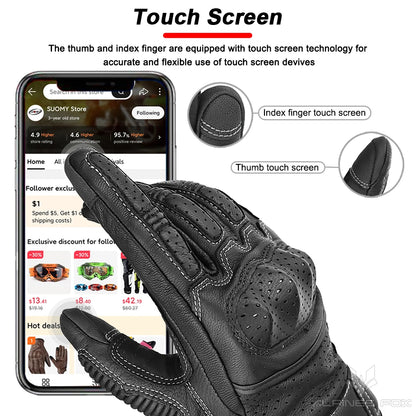 Vintage Genuine Leather Motorcycle Gloves Summer Perforated Breathable CE Approved