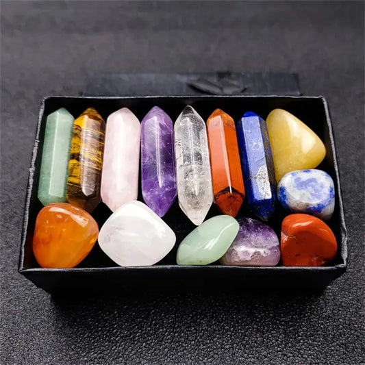 14PCS Chakra Crystal Set Pointed Quartz Hexagon Stones for Healing & Decor